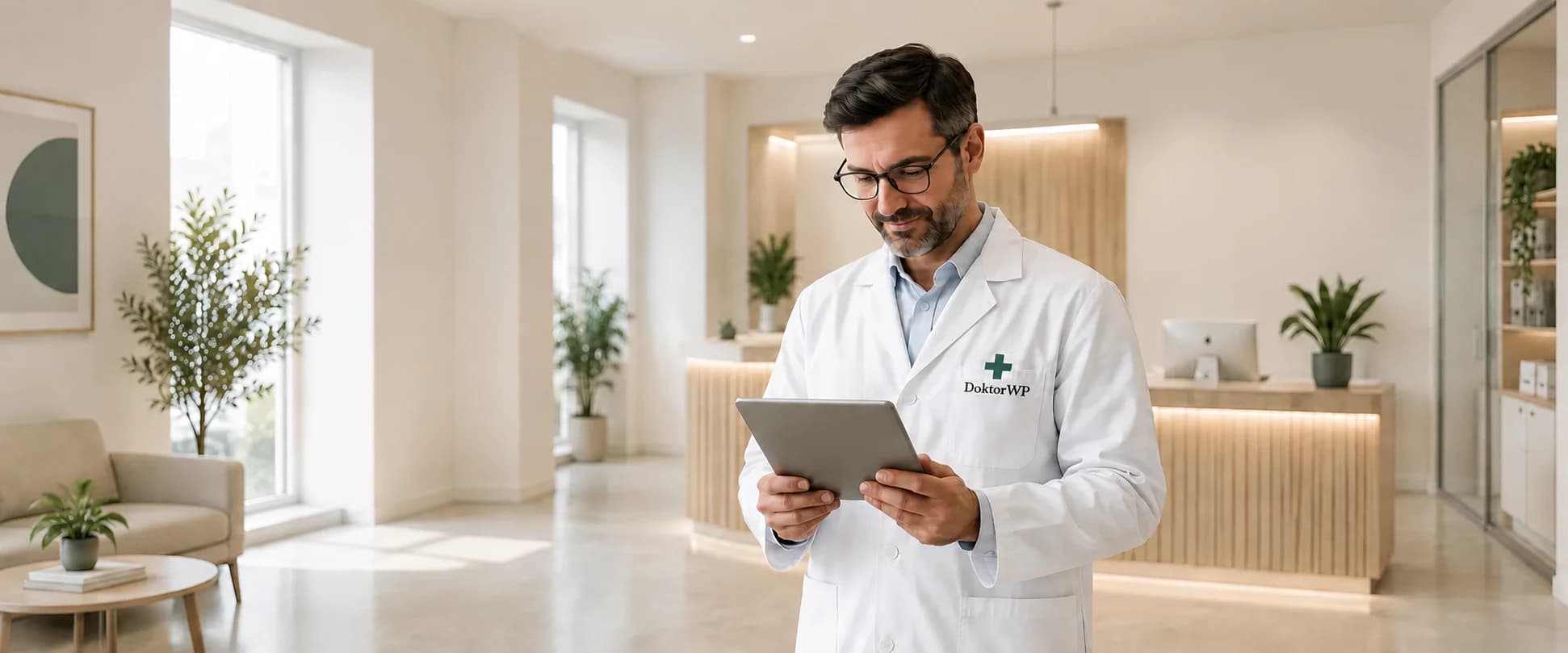 Specialista DoktorWP kontroluje stav webu na tabletu